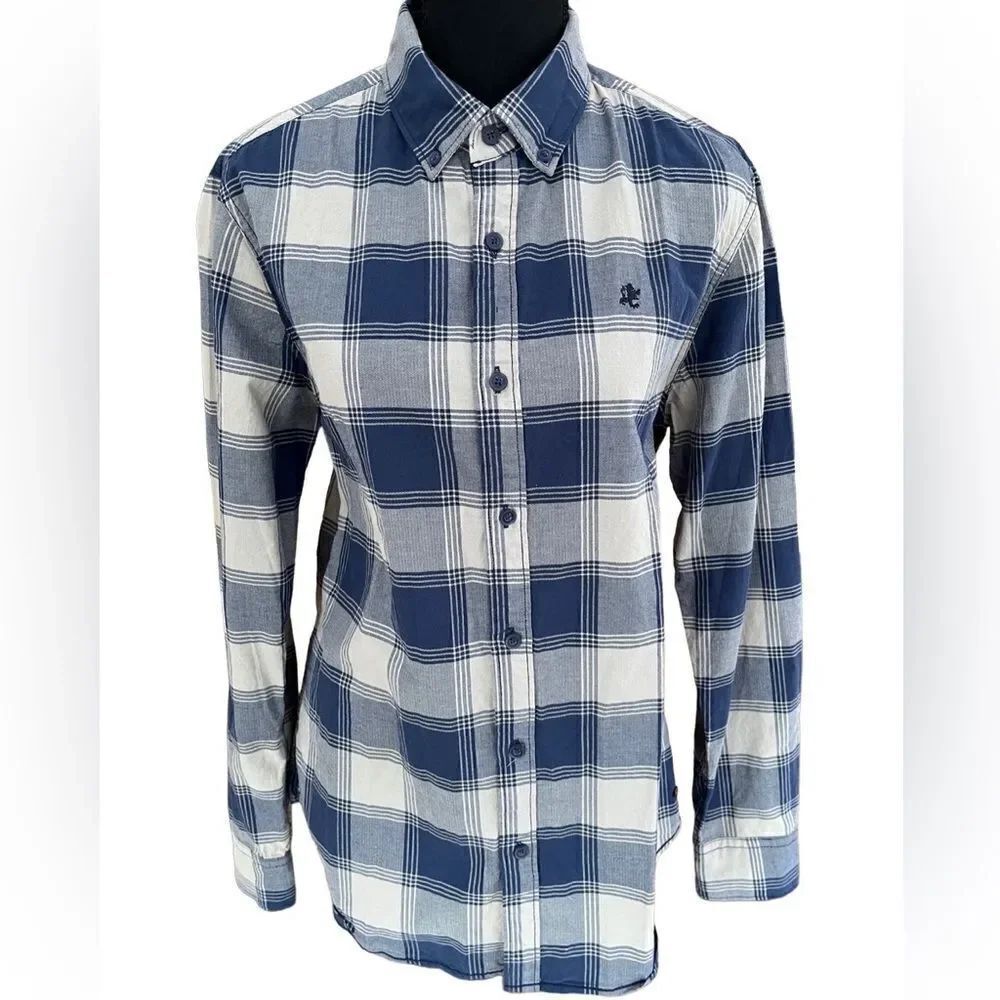 Top House Denim blue/gray plaid button down shirt size L